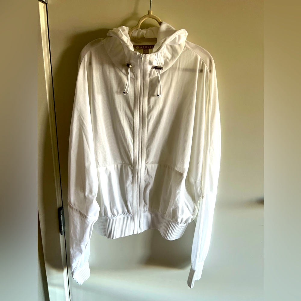 Brand NEW W/O tags. Athleta Sheer white bomber jacket with hood. Size XXS.